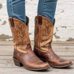 BOULET Women's Wide Square Toe Two-Tone Distressed Mustang Western Cowboy Boots
